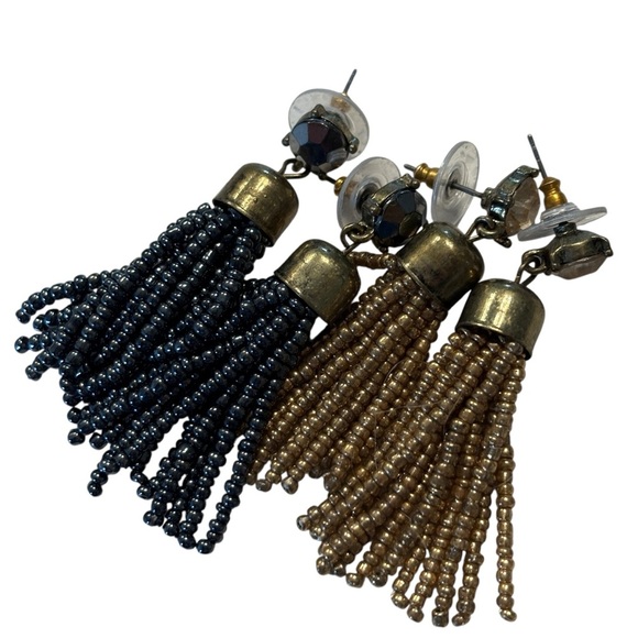 J.Crew Beaded Dangle Drop Earrings 2 Pair Gold Gray Blue - Picture 7 of 8